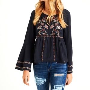 American Eagle Embroidered Bell Sleeve Peasant Top